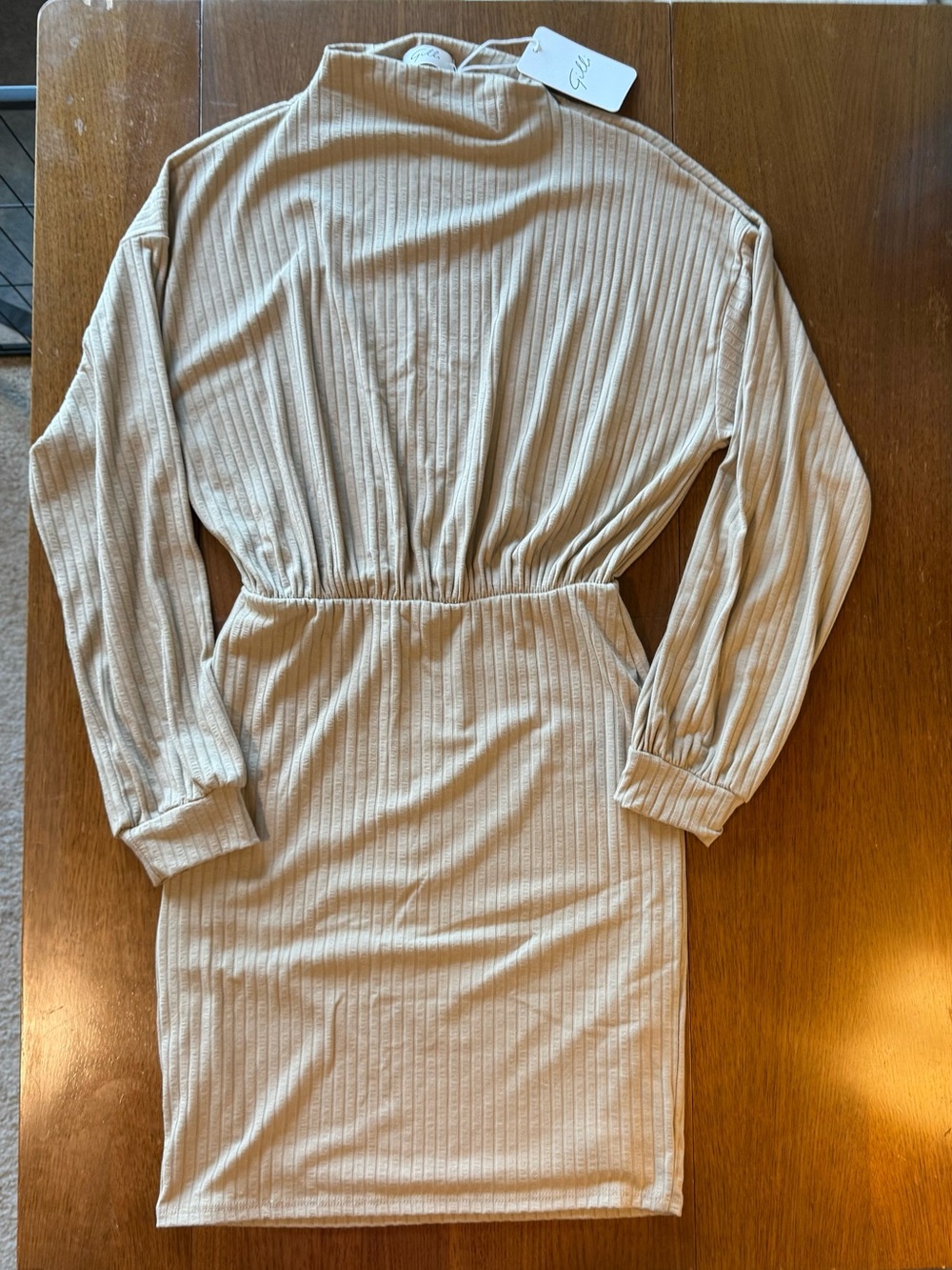 Gilli Long Sleeve Ribbed Knit Dress in Cream